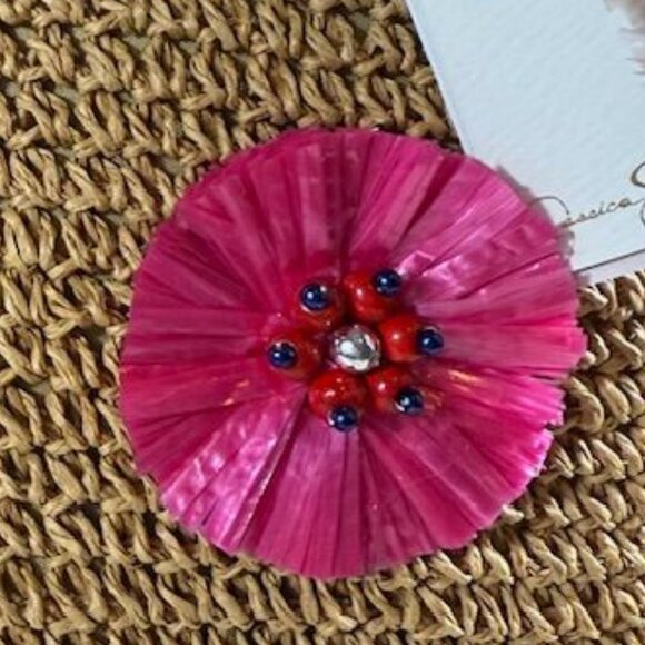 Jessica Simpson Raffia Straw 3D Beaded Floral Feather St. Pete Toast Pink Tote - Picture 11 of 16